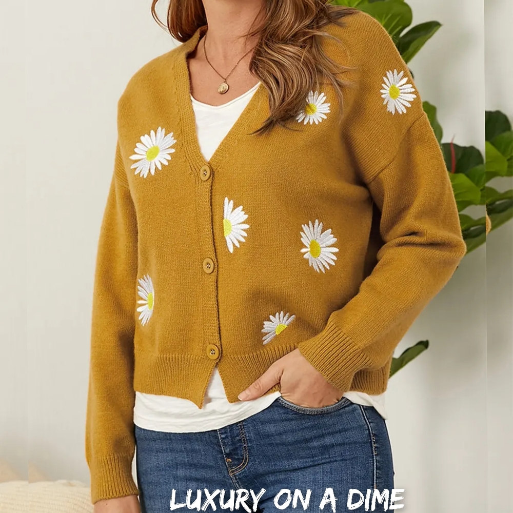 Embroidered Cropped Classic Knit Button Front Retro Long Sleeve Soft Cardigan